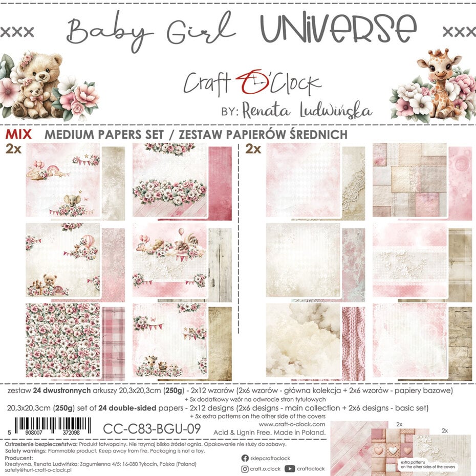 NYHET! Craft O'clock -Baby Girl Universe -8x8 Inch Medium Papers Set (CC-C83-BGU-09)