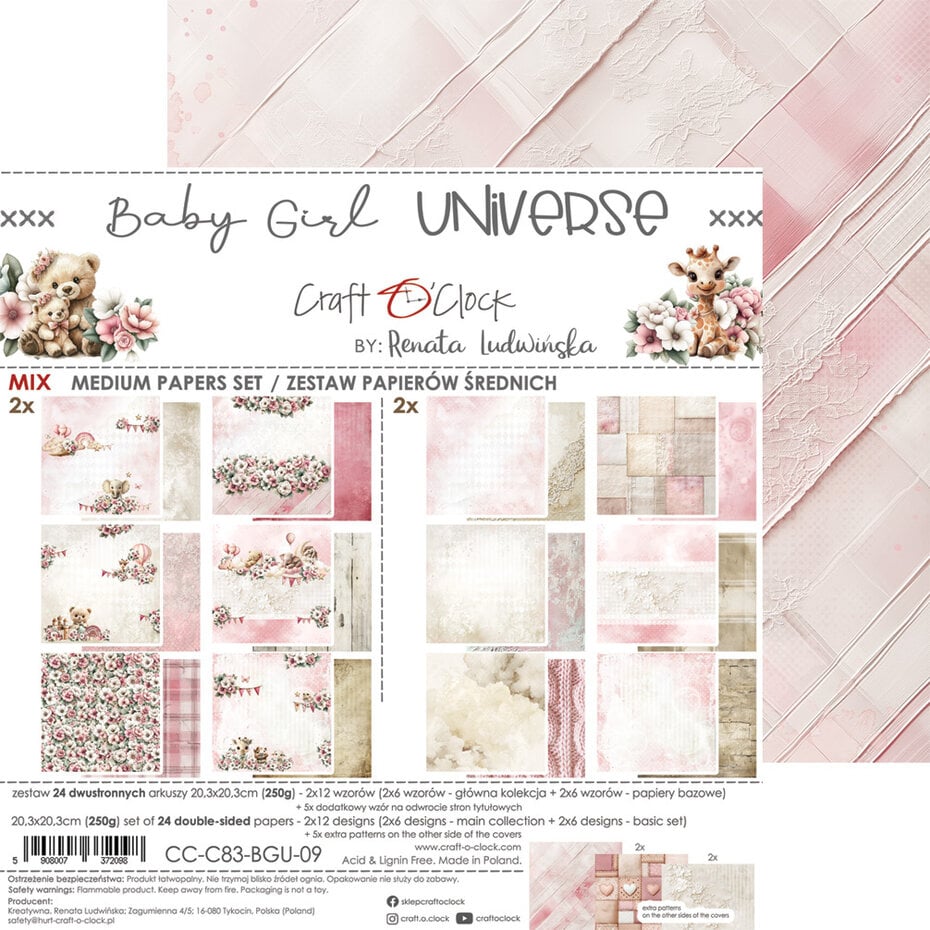 NYHET! Craft O'clock -Baby Girl Universe -8x8 Inch Medium Papers Set (CC-C83-BGU-09)