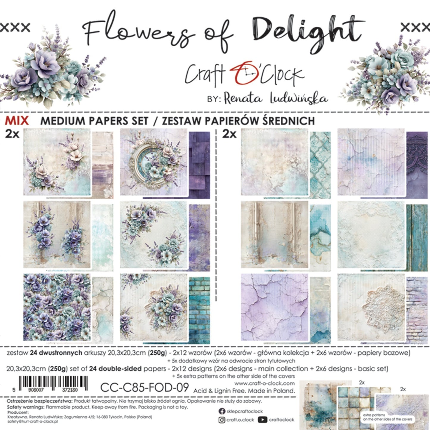 NYHET! Craft O'clock Flowers of Delight 8x8 Inch Medium mix Paper Set by Renata Ludwinska