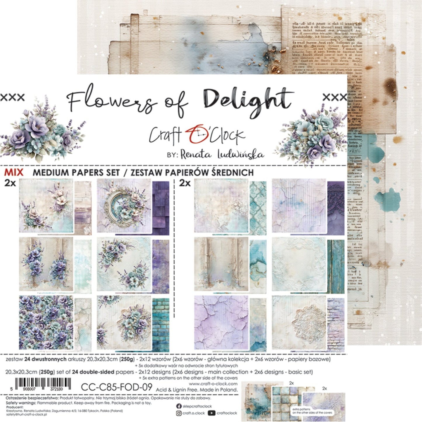 NYHET! Craft O'clock Flowers of Delight 8x8 Inch Medium mix Paper Set by Renata Ludwinska