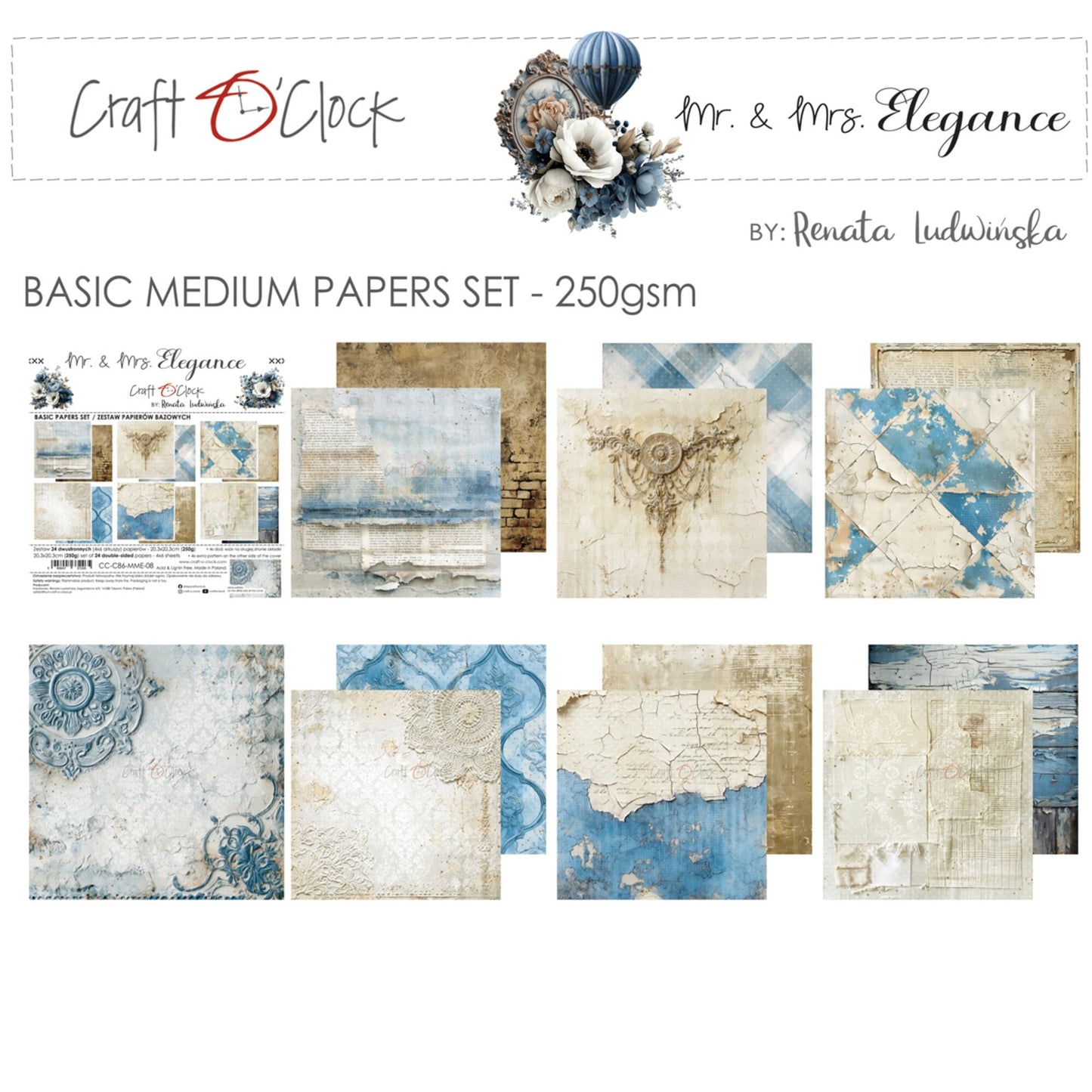 NYHET! Craft O'clock Mr. & Mrs. Elegance 8x8 Inch Basic Paper Set by Renata Ludwinska