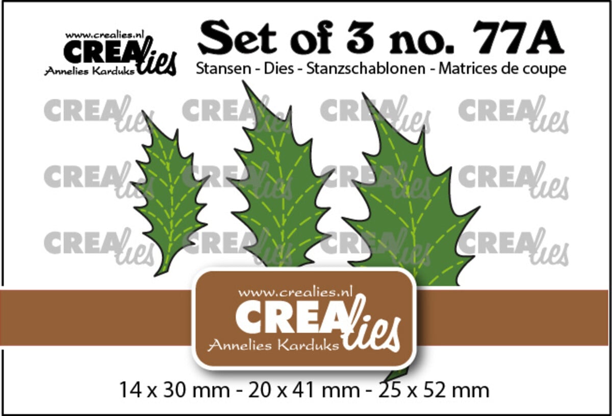 NYHET! Crealies - Sett med 3 dies nr. 77A etterlater 22 tette kristtornblader m/sømlinje (speilbilde) (CLSet77A)