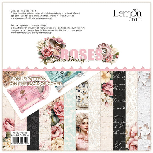 LemonCraft Dear Diary Roses 12x12 Inch Paper Pad (LEM-DD-ROSES-01)