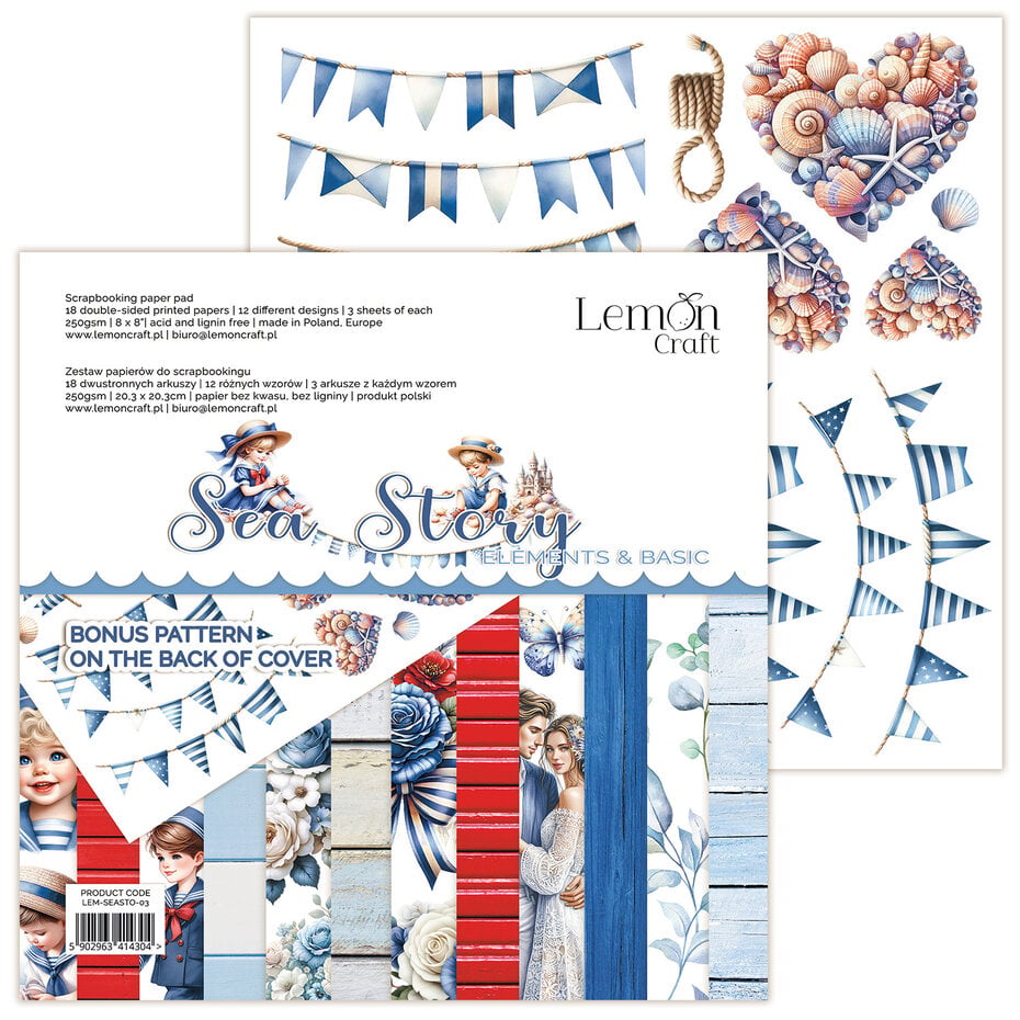 Lemoncraft mønsterark /arkpakke -Sea Story Elements & Basic 8x8 Inch Paper Pad (LEM-SEASTO-03)