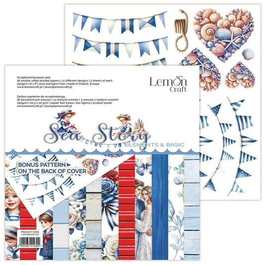 Lemoncraft mønsterark /arkpakke -Sea Story Elements & Basic 8x8 Inch Paper Pad (LEM-SEASTO-03)