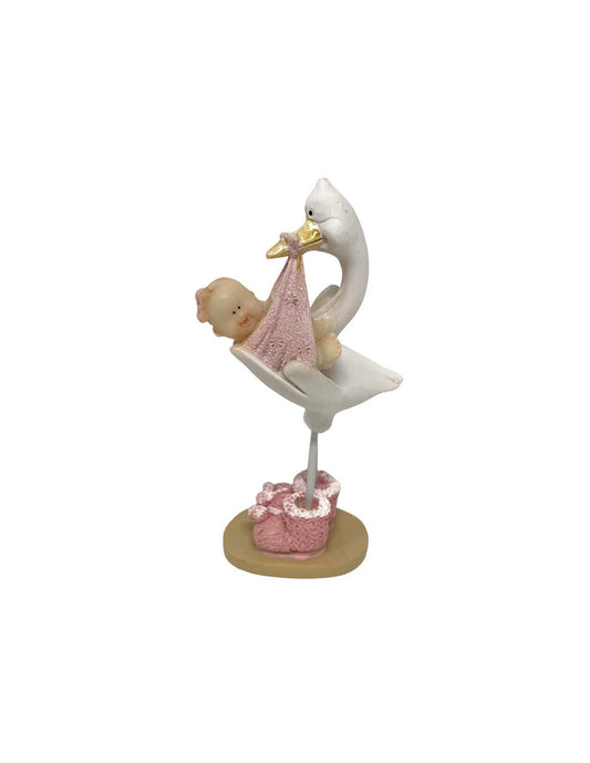 Kaketopp/ kakepynt/ borddekor -Baby og Stork- rosa H: 10cm