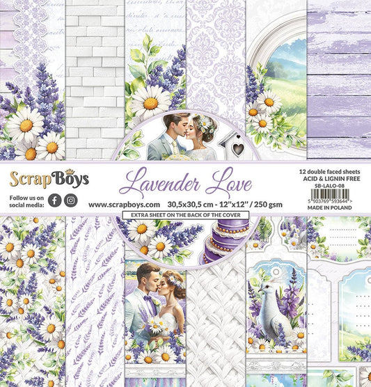 ScrapBoys Lavender Love 12X12 INCH PAPER PAD, mønsterark pakke.