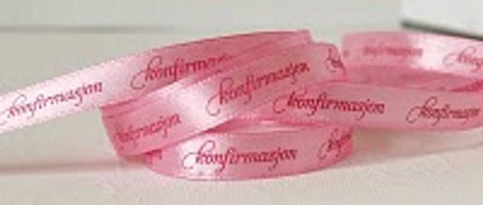 Bånd med tekst Rosa med mørk rosa tekst « Konfirmasjon »