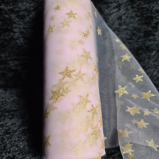 Tyll 14,5cm  rosa med gull stjerner