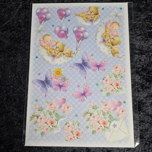 Ferdig utkuttet 3D klippark baby motiv med glitter, 2 ark (blå & fersken )