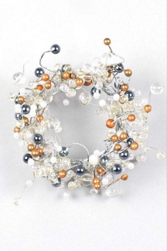 SALG! Nå nedsatt 70%! Nydelig perle kubbelys-mansjett - blank, blå og gull  Ø:20cm