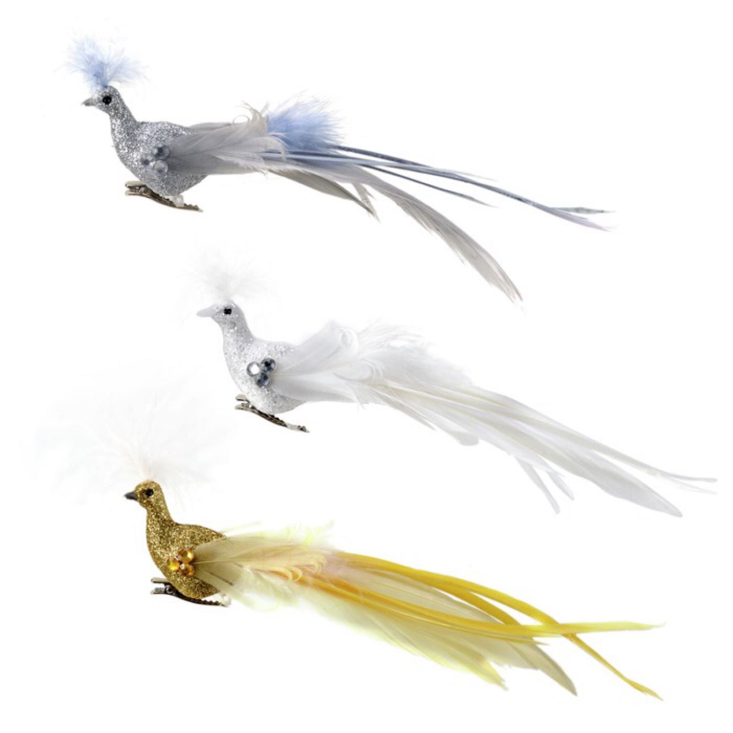 Glitterfugler m klype gull/sølv/hvit