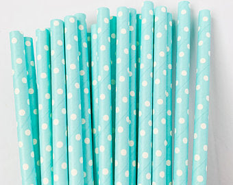 Sugerør  turkis med hvite prikker. L 19,5 cm. 10stk i pk.