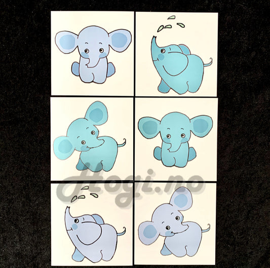 TILBUD ! Toppers / motiv Blå elefanter  «elefanten den må vi da ha med» 18stk, 3 ulike design,9x9cm.