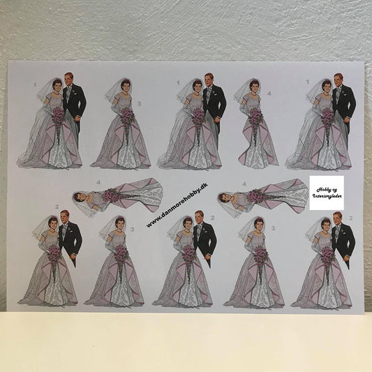 3D klippark brudepar m lilla kjole. Bryllup