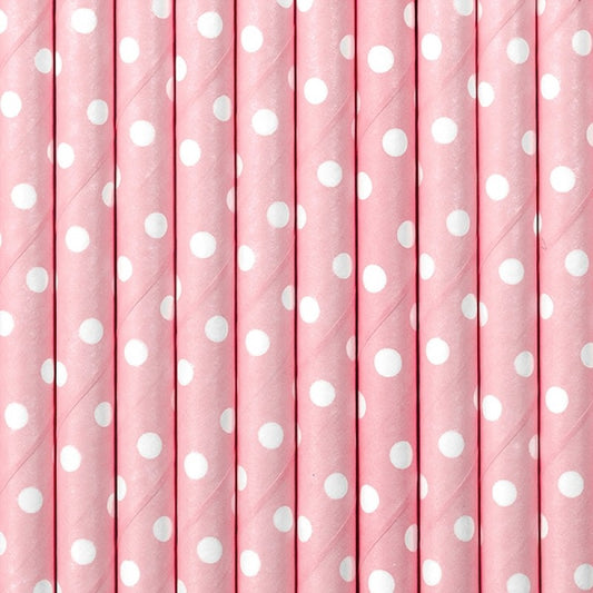 Sugerør rosa med hvite prikker 19,5cm, 10 stk pr pose