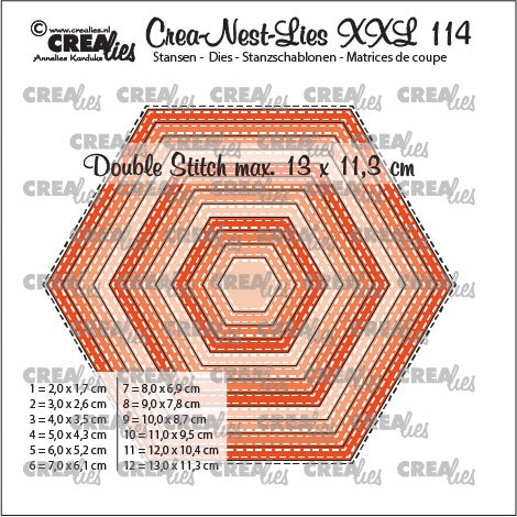 Crealies hexagon - with double stitch , sekskant/ heksagon dies med dobbel søm . 12 dies i settet