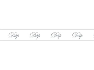 Bånd med tekst «Dåp», hvitt m/grå skrift. B:13mm. Pris pr. meter