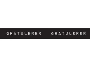 Bånd med tekst «Gratulerer», svart m/hvit skrift. 13mm