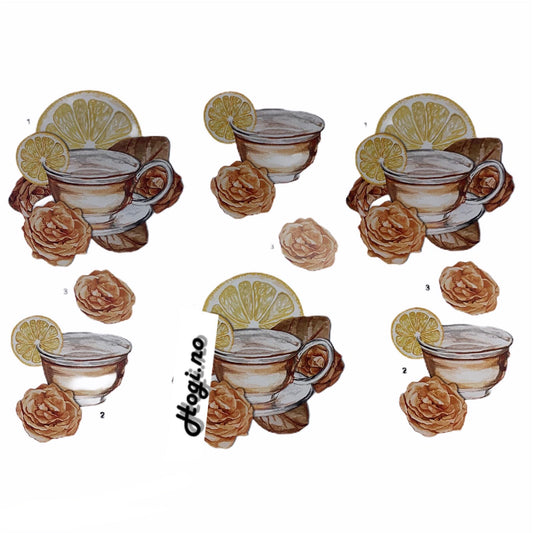 3D klippark Te-kopp med roser og sitron