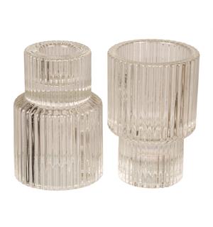 Smart lysestake i klart glass med riller. Passer både til kronelys og telys - 5,2x8,5 cm