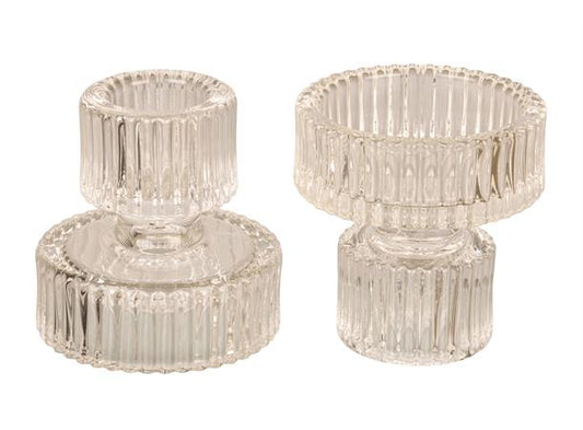 Smart lysestake i klart glass med riller. Passer både til kronelys og telys - 6x6 cm