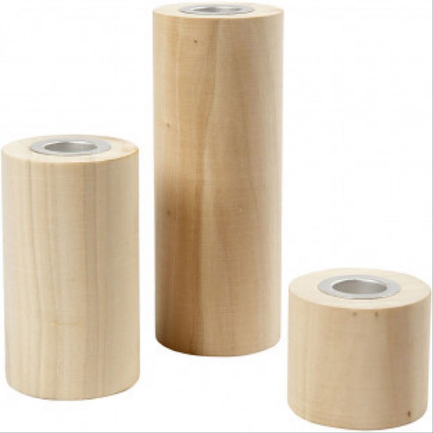 Lysestaker runde sylindere , H: 14.5+9+6.5 cm, hole size 2.3 cm, poplar wood, 3pcs