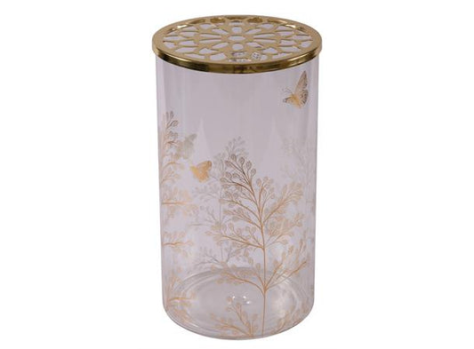Vase i glass med praktisk gull-lokk og gull sommerfuglmotiv -  10x17cm