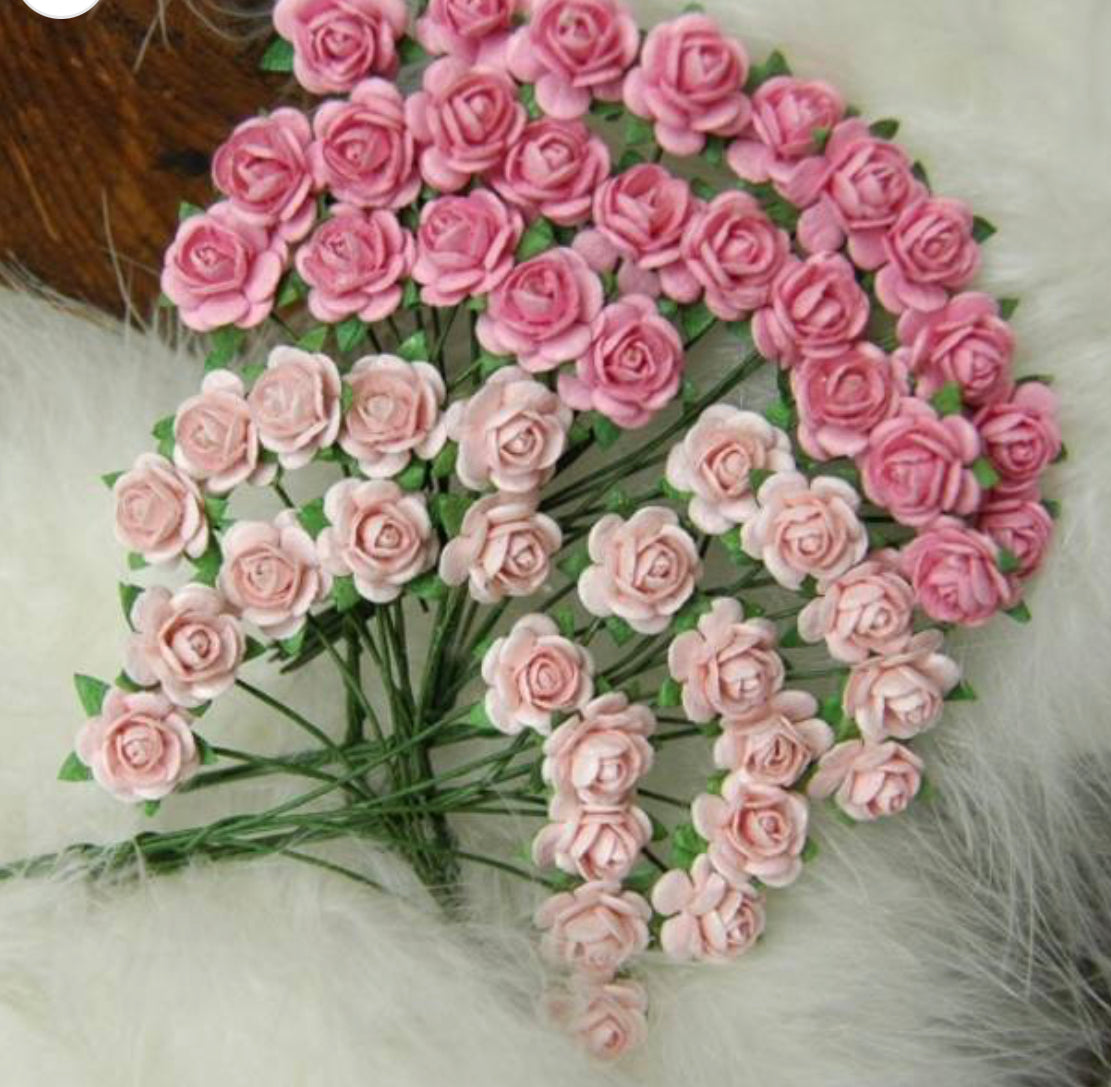 Papirdesign blomst roser lys rosa og mørk rosa Ø12mm 50stk