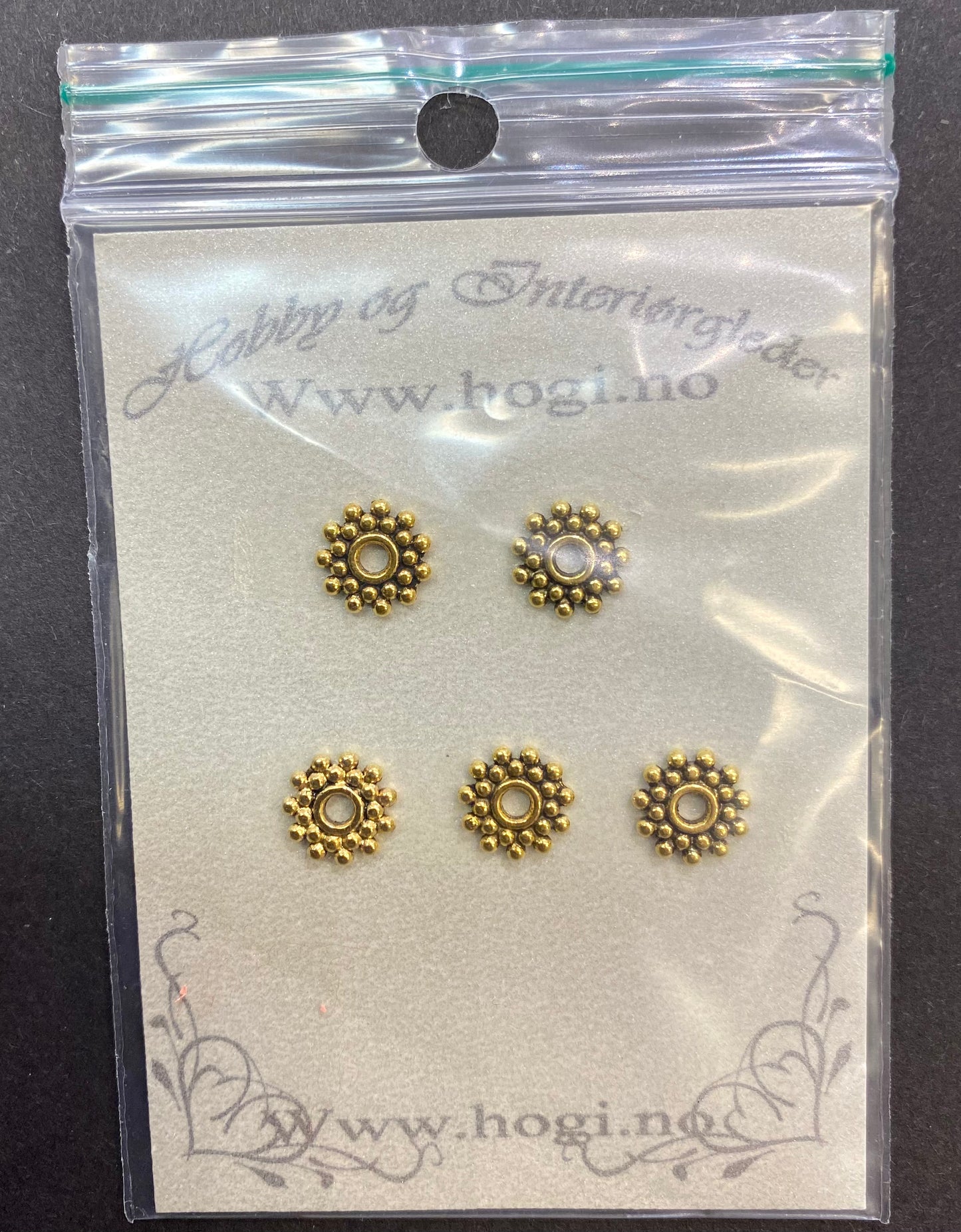 Charms til bunadskort m.m, metall «gull»- 5 stk pr pk.