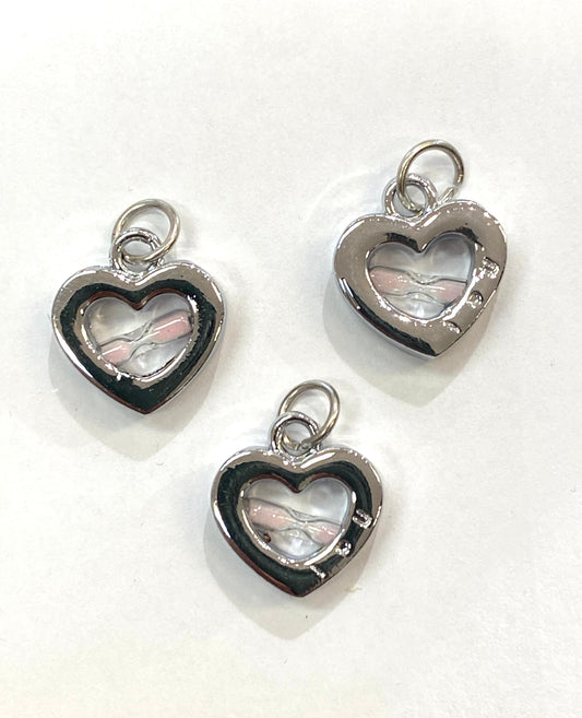 Charms - Sølvfarget hjerte med rosa timeglass 3stk pr pk