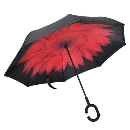 Paraply «opp ned» med rød blomst