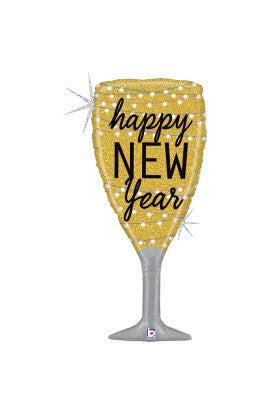 Helium ballong - glass med tekst:  "happy New year " 94cm - holographic glitter