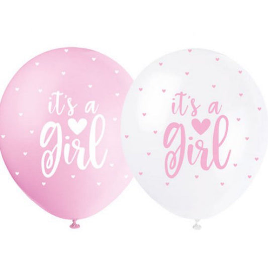 Ballonger med tekst It´s a girl. Perlehvit   og shimmerrosa. 30,4cm. 5 stk